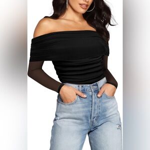 SAUNGKUAI Bodysuit Sexy Slimming Body Suit Tops Sheer Mesh Ruched Outfits